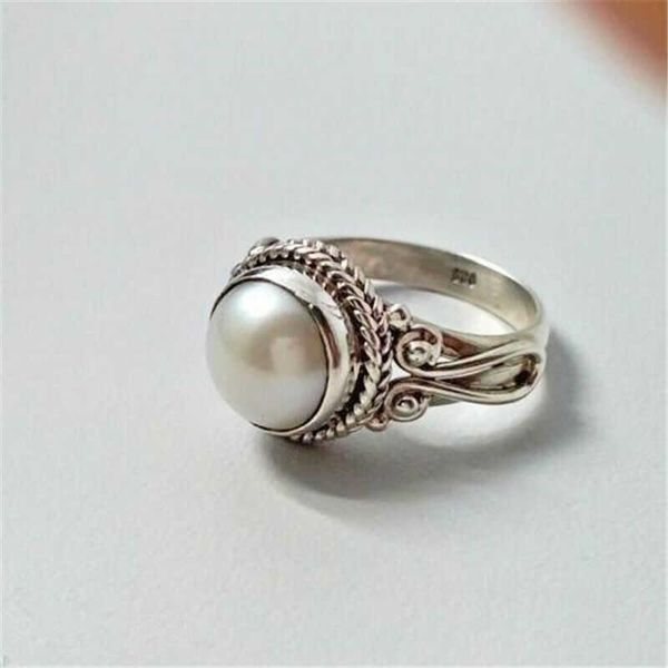 Wedding rings size 6-10, elegant white pearl engagement jewelry for women with vintage charm
