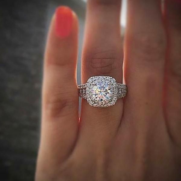 White gold moissanite cluster ring featuring square gemstones for women, elegant wedding jewelry with diamond-like sparkle in a stylish box