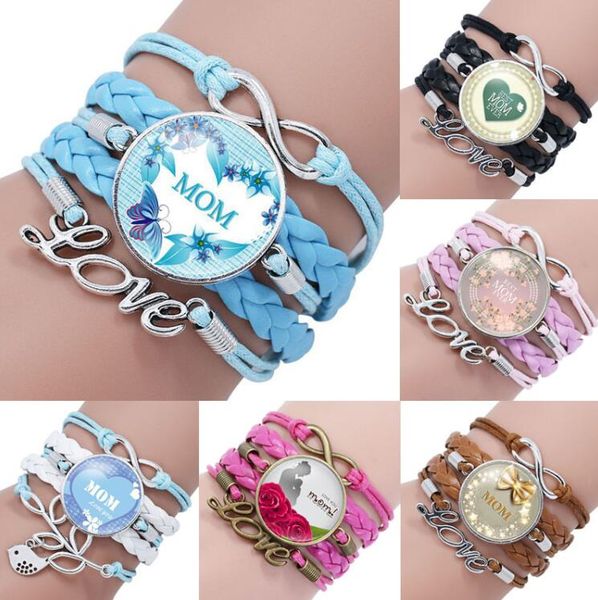 Wholesale luxury designer jewelry women bracelets Glass Cabochon Charm Braided leather rope Wrap Bangle Mama Mother's day jewelry A0156