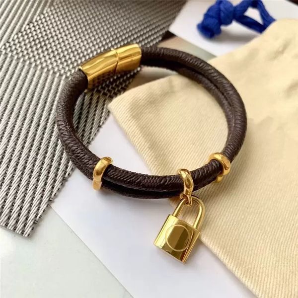 With Gift Box Classic Bangle Round Brown Leather Bracelet Metal Lock Head Charm Bracelets