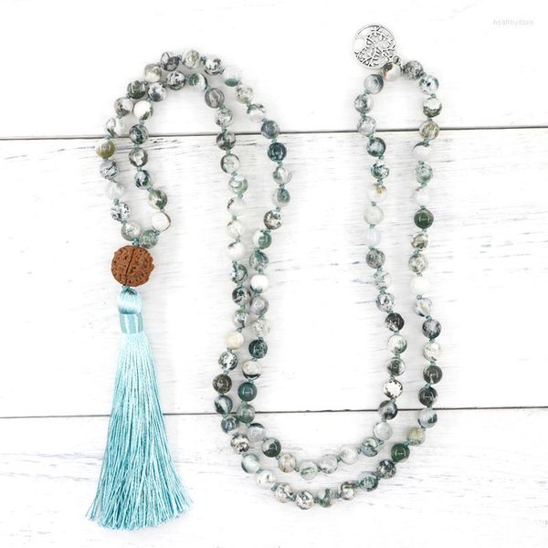 Women's 108-bead pendant necklace featuring natural tree agate gemstones, hand-knotted for yoga and meditation