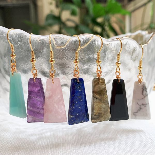Women's dangle earrings featuring natural crystal stones in geometric designs with shiny obsidian, amethyst, and lapis pink reiki crystals