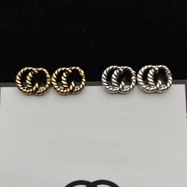 Women's designer gold stud earrings with silver hoops, stylish double letter studs for men, luxury fashion jewelry gift set in box