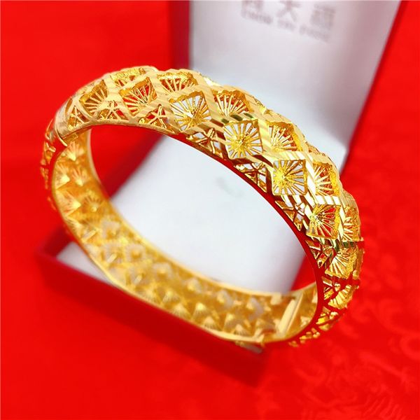 Women's elegant hollow bangle bracelet with geometric design in 18k yellow gold filled, a stylish vintage wedding jewelry gift measuring 63mm in diameter