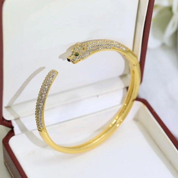 Women's Fashion Panther Design Open Bracelet with Gold Diamond Accents