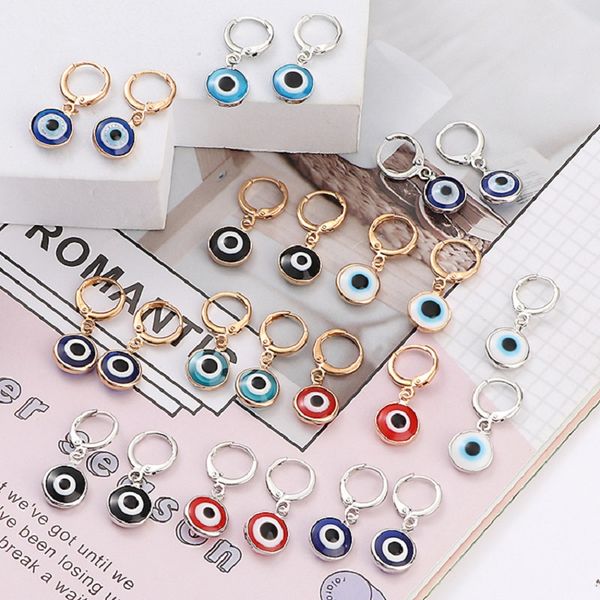 Women's Turkey Evil Eye Dangle Earrings with Blue and Red Polychrome Eyes and Copper Rim