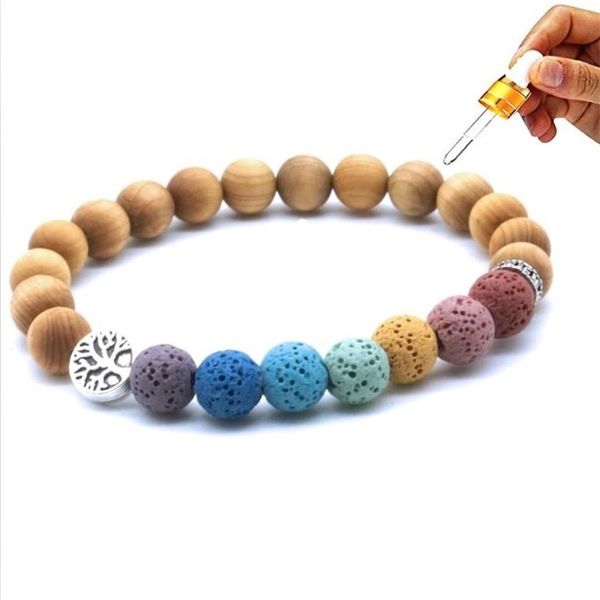 Wooden bead bracelet with 7 chakra stones, lava rock diffuser for essential oils, unisex yoga jewelry inspired by Buddha energy