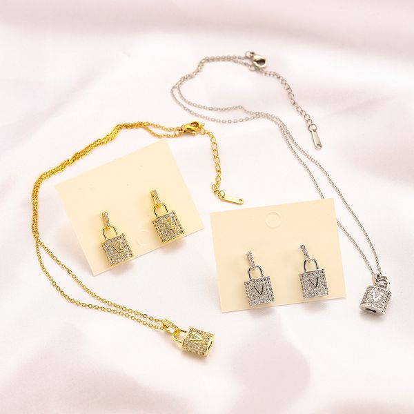 Youth Fashion Necklace Earring Set featuring an 18K gold-plated lock necklace and designer brand charm jewelry, perfect as a Christmas love gift with matching earrings