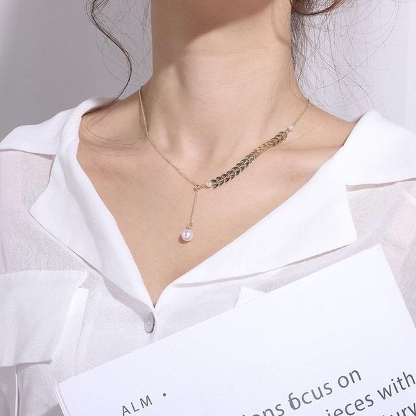 YUN RUO rose gold wheat ear pearl pendant necklace with adjustable titanium steel chain, a lasting jewelry gift for women