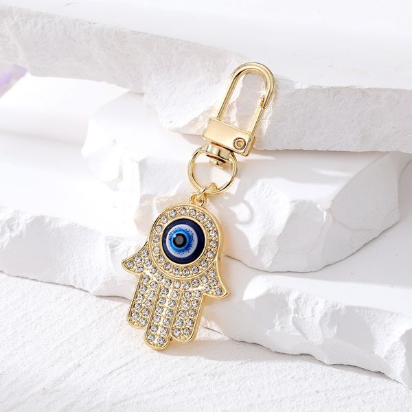 Zircon Golden Evil Eye Hamsa Keychain for Friends and Couples - Blue Eye Fatima Car Accessory