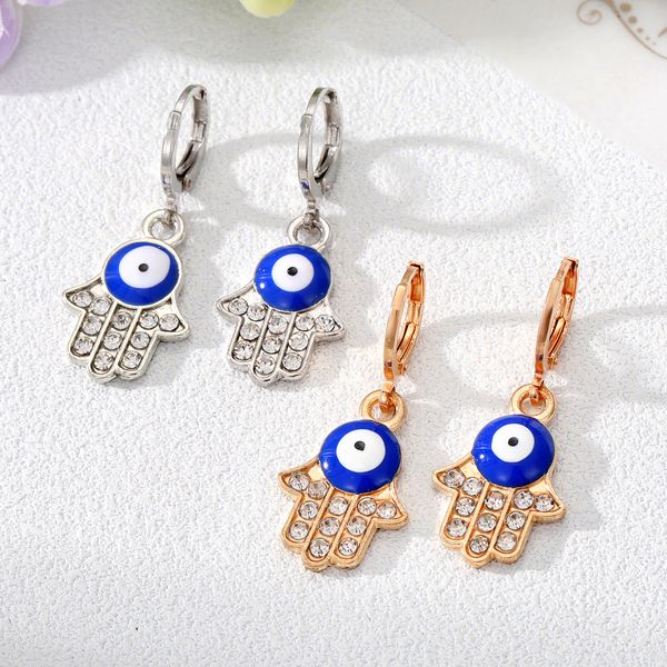 Zircon Hamsa Hand Evil Eye Hoop Earrings for Women - Vintage Metal Fatima Turkish Lucky Blue Eye Circle Jewelry for Parties